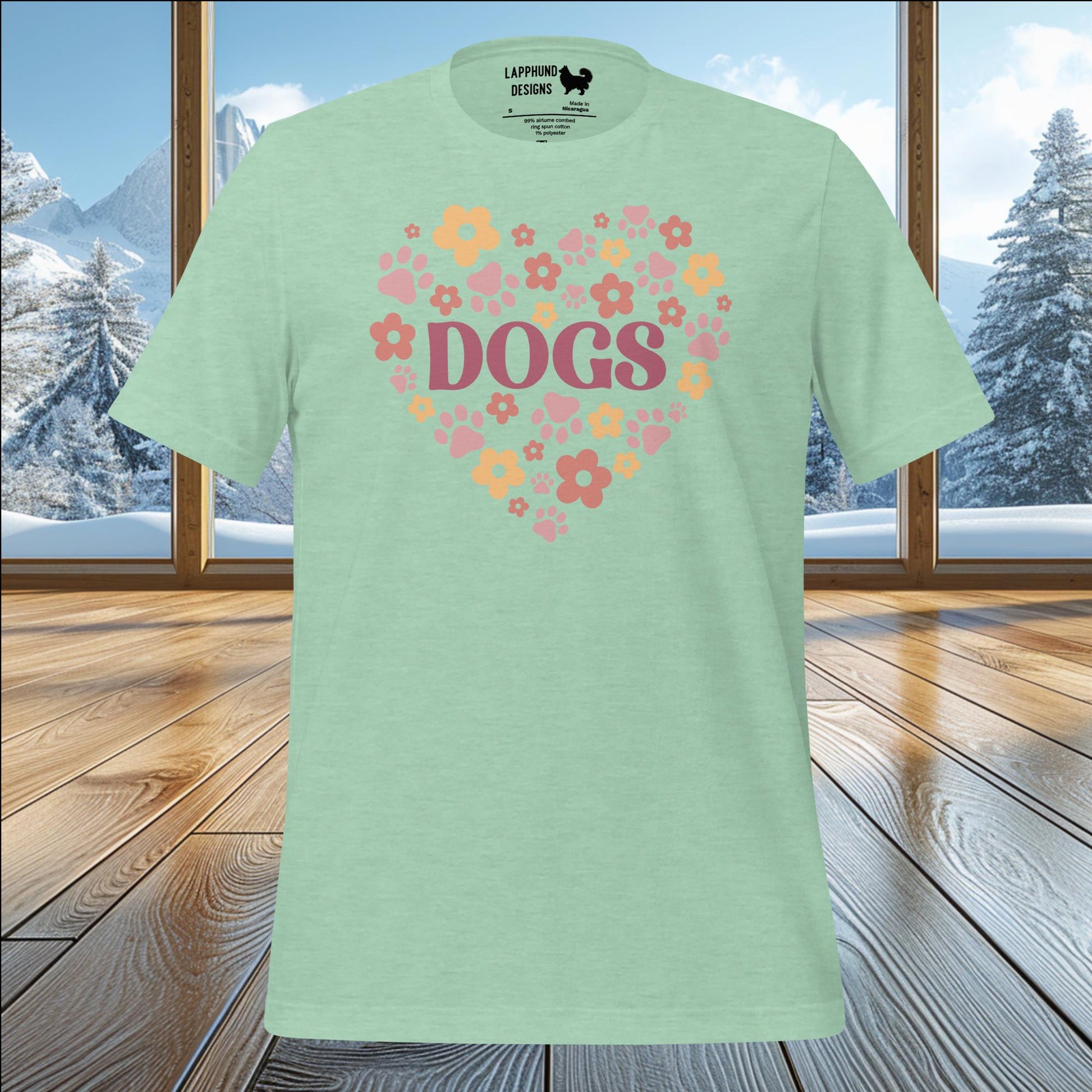 Floral Dogs Heart t-shirt featuring paw prints and flowers, perfect for dog lovers and nature enthusiasts.