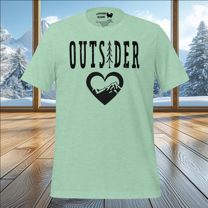 Outsider t-shirt featuring bold text with a tree and mountain heart design, perfect for outdoor enthusiasts and nature lovers.