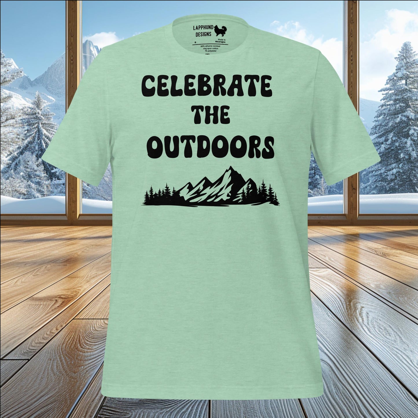 Celebrate the Outdoors t-shirt featuring bold text and scenic mountain and forest design, perfect for nature lovers and outdoor enthusiasts.