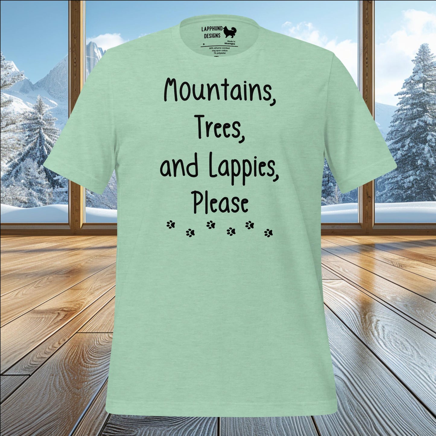 Mountains, Trees, and Lappies Please T-Shirt – Perfect for Lapphund Lovers & Nature Enthusiasts