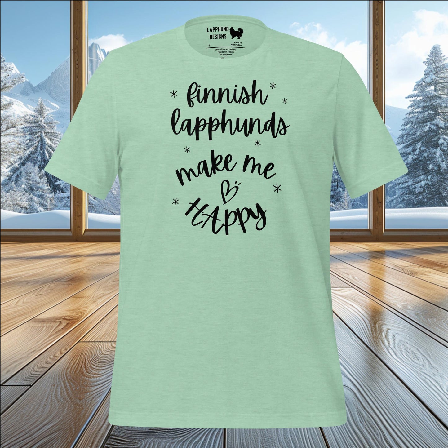 Finnish Lapphunds Make Me Happy t-shirt featuring playful typography with heart accents, perfect for Lapphund lovers.