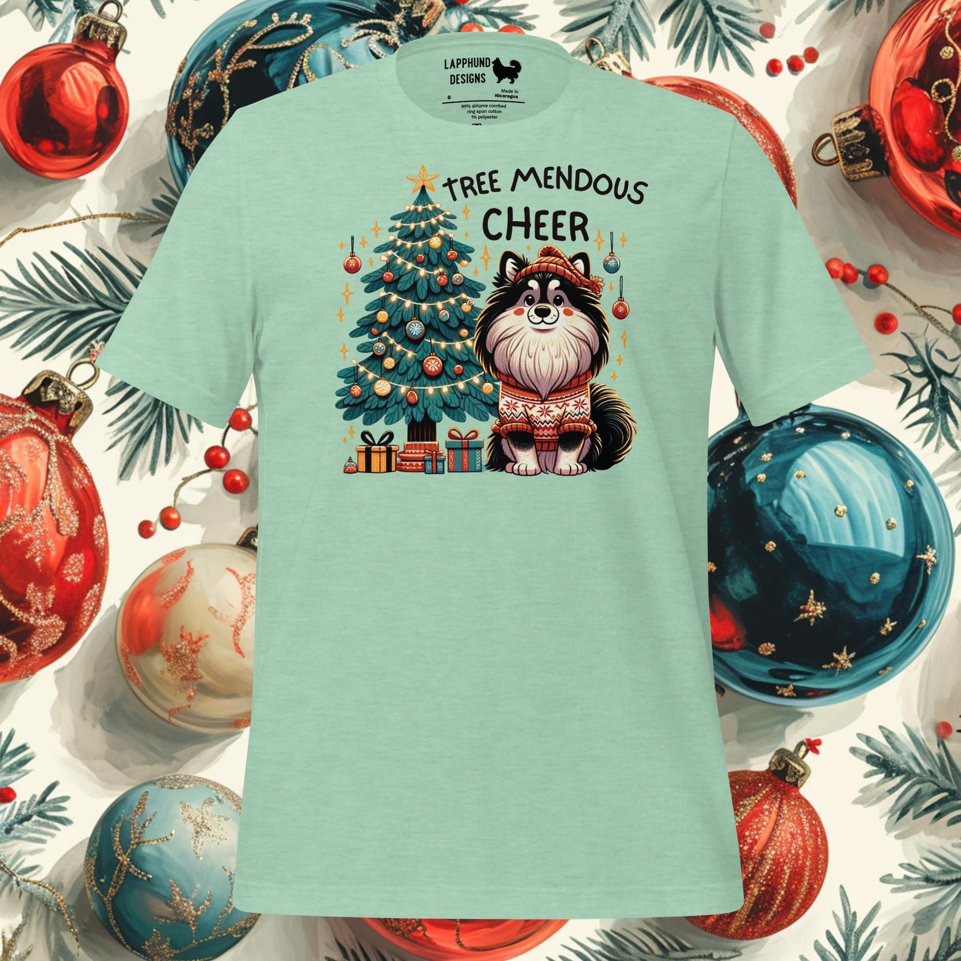 Tree-mendous Cheer Finnish Lapphund Christmas t-shirt featuring a Lapphund and festive Christmas tree, ideal for holiday celebrations.