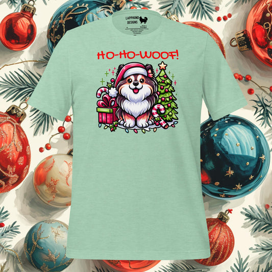 Ho-Ho-Woof! Finnish Lapphund Christmas t-shirt featuring a festive dog with holiday decorations, ideal for pet lovers during the season.