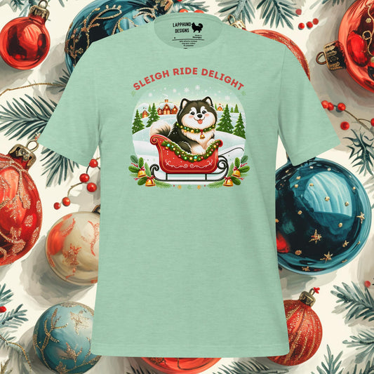 Finnish Lapphund Christmas t-shirt featuring a festive sleigh ride design, perfect for holiday celebrations and dog lovers.