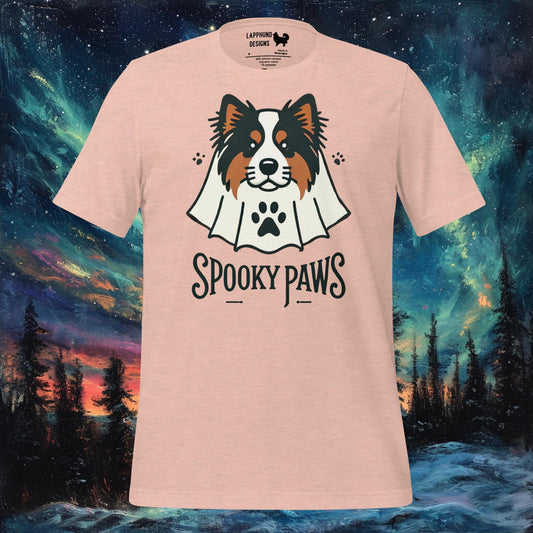 Peach t-shirt featuring a Finnish Lapphund in a ghost costume with 'Spooky Paws' text, perfect for Halloween and dog lovers.