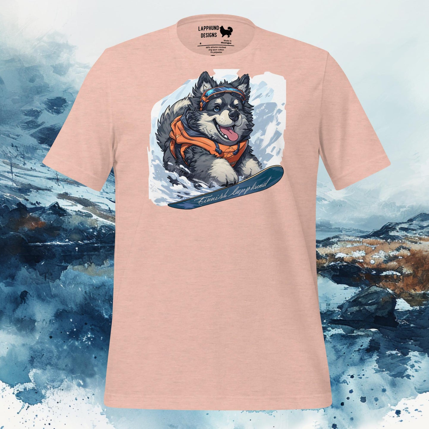 Snowy Explorer Lapphund T-Shirt – Finnish Lapphund Snowboarding Adventure Design