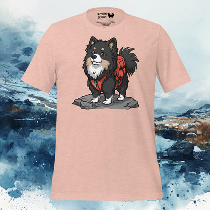 Peach t-shirt featuring a Finnish Lapphund wearing a red backpack standing on rocks, perfect for outdoor-loving dog owners.