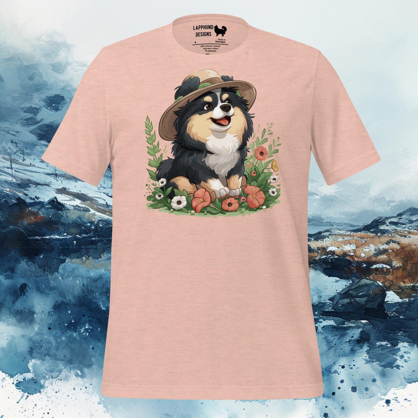 T-shirt featuring a Finnish Lapphund in an explorer's hat surrounded by wildflowers, ideal for nature-loving and adventure-seeking dog owners.