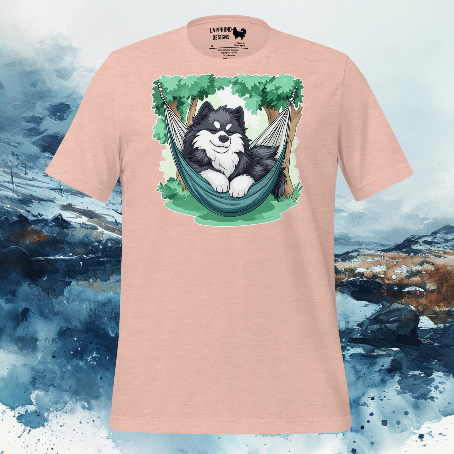 Finnish Lapphund T-Shirt – Relaxed Lappie in Hammock Illustration