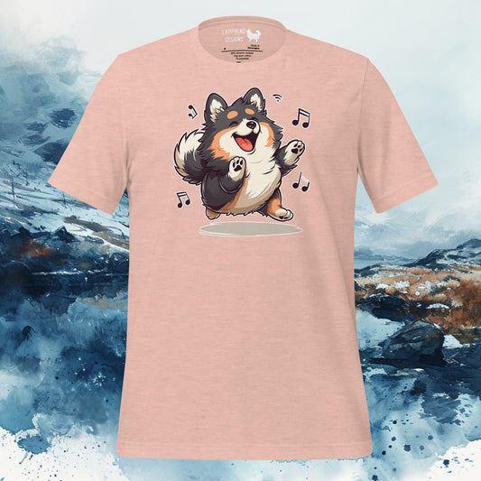 Peach-colored t-shirt featuring an illustration of a Finnish Lapphund dancing with musical notes, ideal for Lapphund enthusiasts and dog lovers.