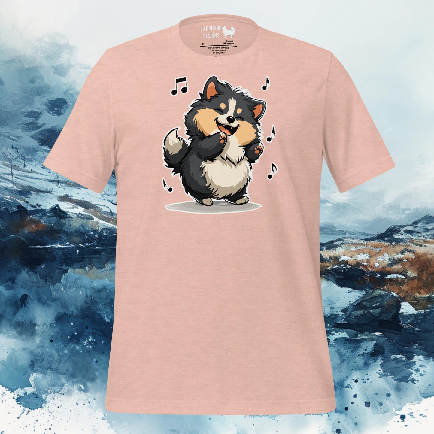 Finnish Lapphund T-Shirt – Dancing Lappie with Musical Notes Art