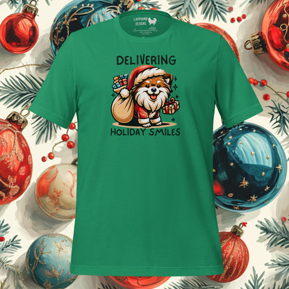 Delivering Holiday Smiles" t-shirt featuring a Finnish Lapphund Santa carrying gifts with festive holiday decor.