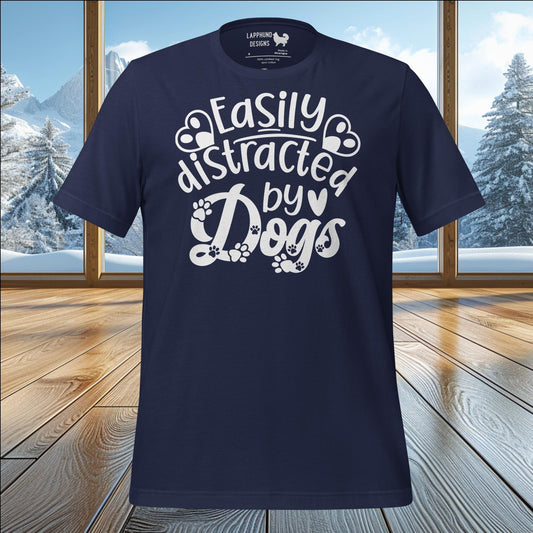 Easily Distracted by Dogs t-shirt featuring playful typography with paw prints, perfect for dog lovers and outdoor adventurers.