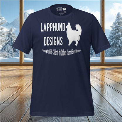 Lapphund Designs logo t-shirt featuring Lapphund silhouette and brand motto, perfect for Lapphund lovers and adventure enthusiasts.