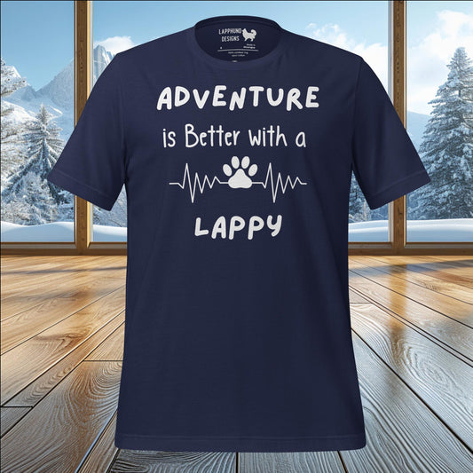 Adventure is Better with a Lappy t-shirt featuring heartbeat and paw print design, perfect for Lapphund lovers and outdoor enthusiasts.