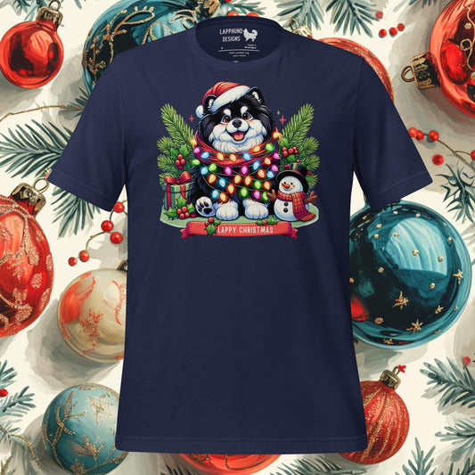 Festive Finnish Lapphund Christmas t-shirt featuring a Lapphund with holiday lights, a snowman, and presents, perfect for the holidays.