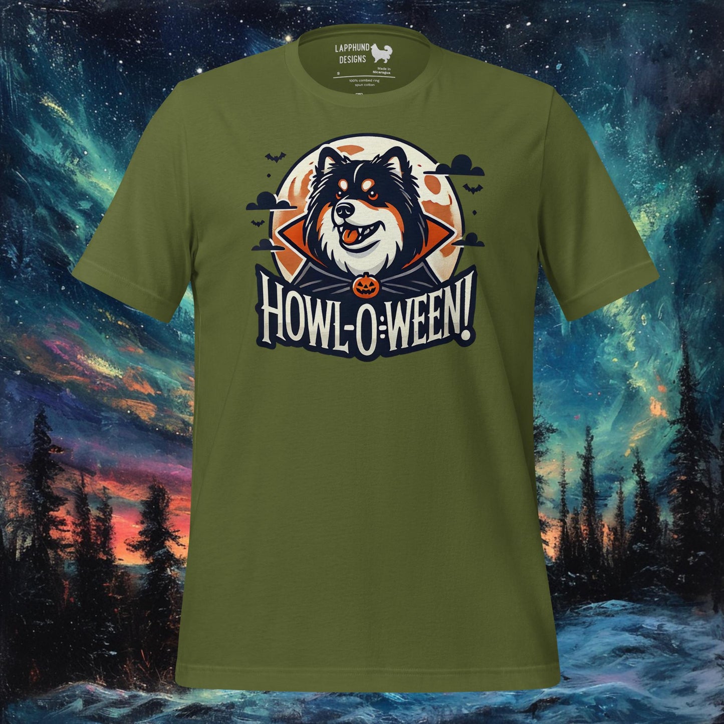 Olive t-shirt featuring a Finnish Lapphund howling at the full moon with bats, perfect for Halloween and dog lovers.