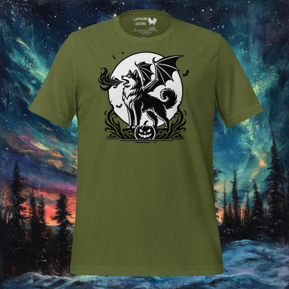 Olive t-shirt featuring a Finnish Lapphund with bat wings breathing fire under a full moon, perfect for Halloween and dog lovers.