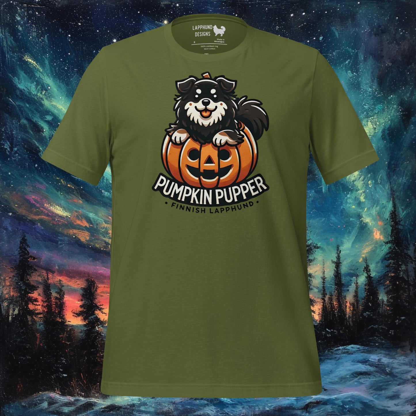 Olive t-shirt featuring a Finnish Lapphund inside a jack-o’-lantern with 'Pumpkin Pupper' text, perfect for Halloween and dog lovers.