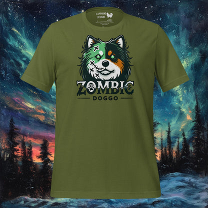 Olive t-shirt featuring a Finnish Lapphund in zombie form with 'Zombie Doggo' text, perfect for Halloween and dog lovers.