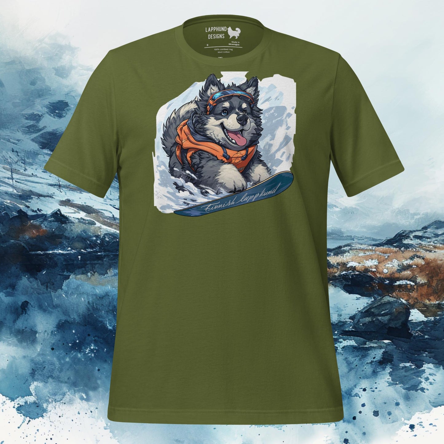 Snowy Explorer Lapphund T-Shirt – Finnish Lapphund Snowboarding Adventure Design