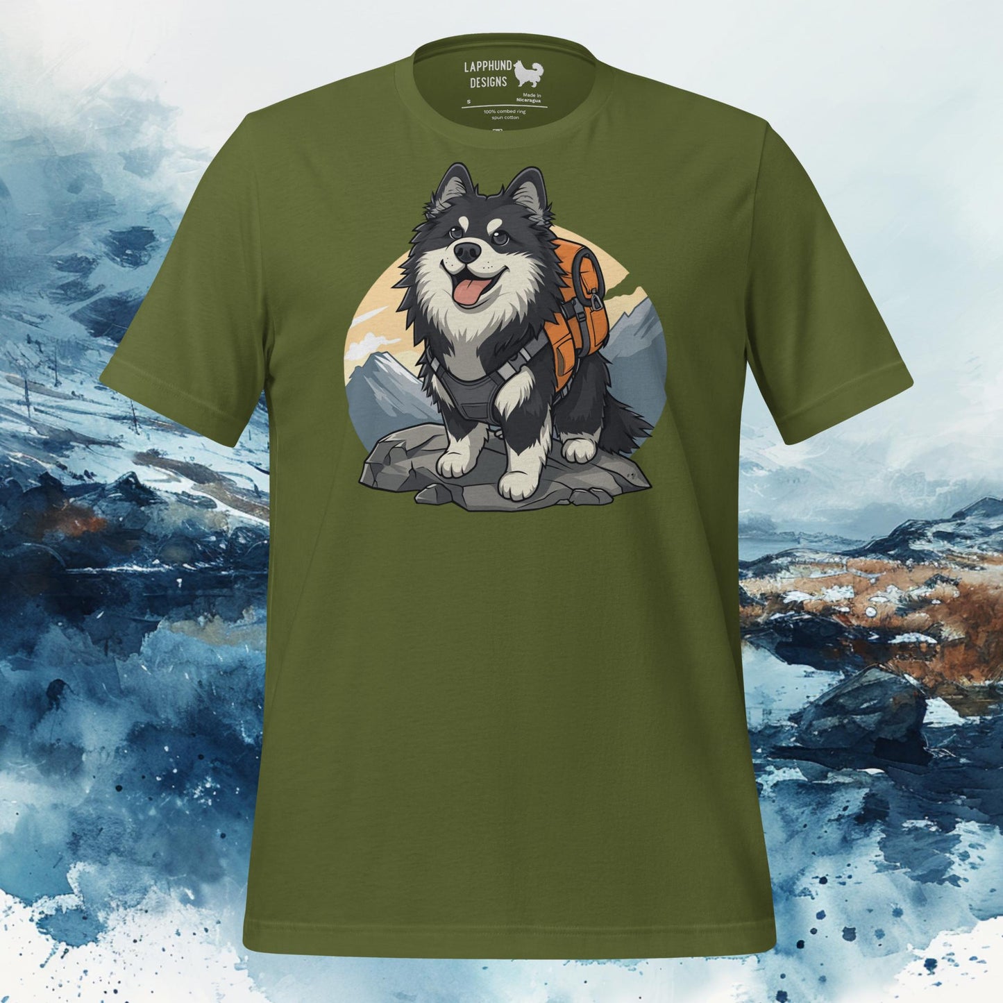 Mountain Adventurer Lapphund T-Shirt – Finnish Lapphund Hiking Journey Design