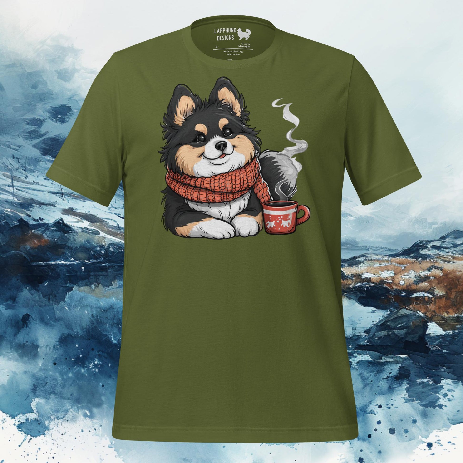 Olive t-shirt featuring a Finnish Lapphund wearing a scarf and holding a steaming mug, perfect for winter-loving dog owners.