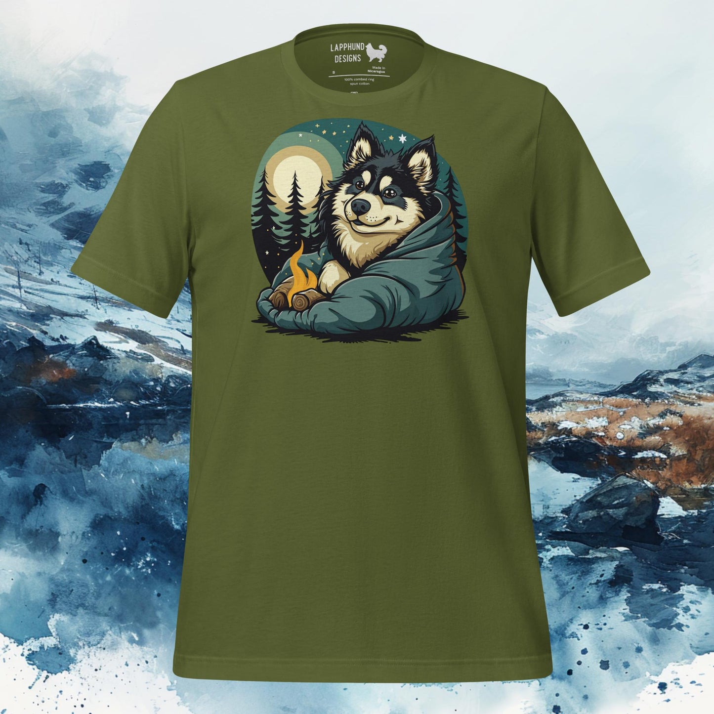 Finnish Lapphund T-Shirt – Moonlit Campfire Design for Outdoor Adventurers