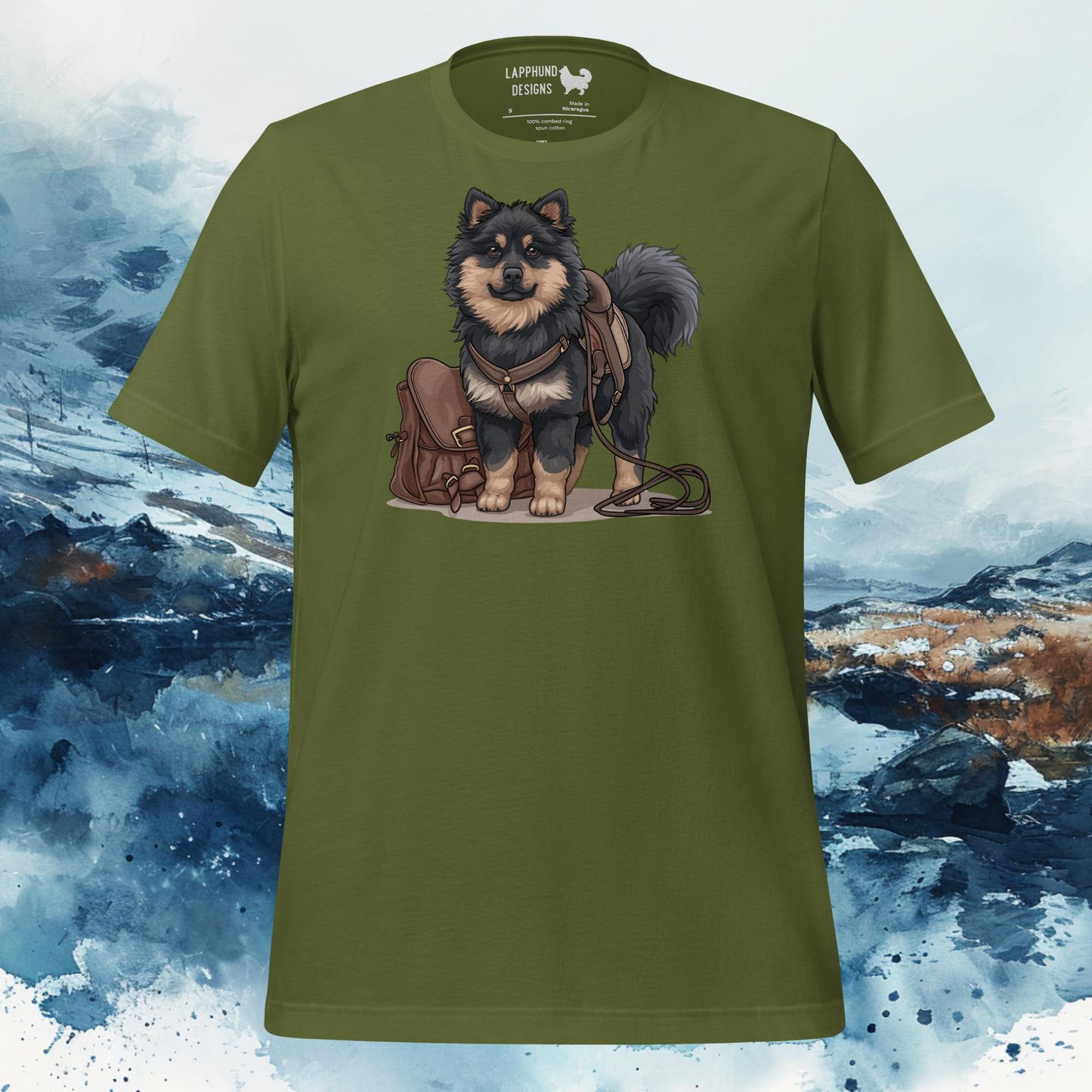 T-shirt featuring a Finnish Lapphund with a backpack and harness, ideal for nature-loving and adventure-seeking dog owners.