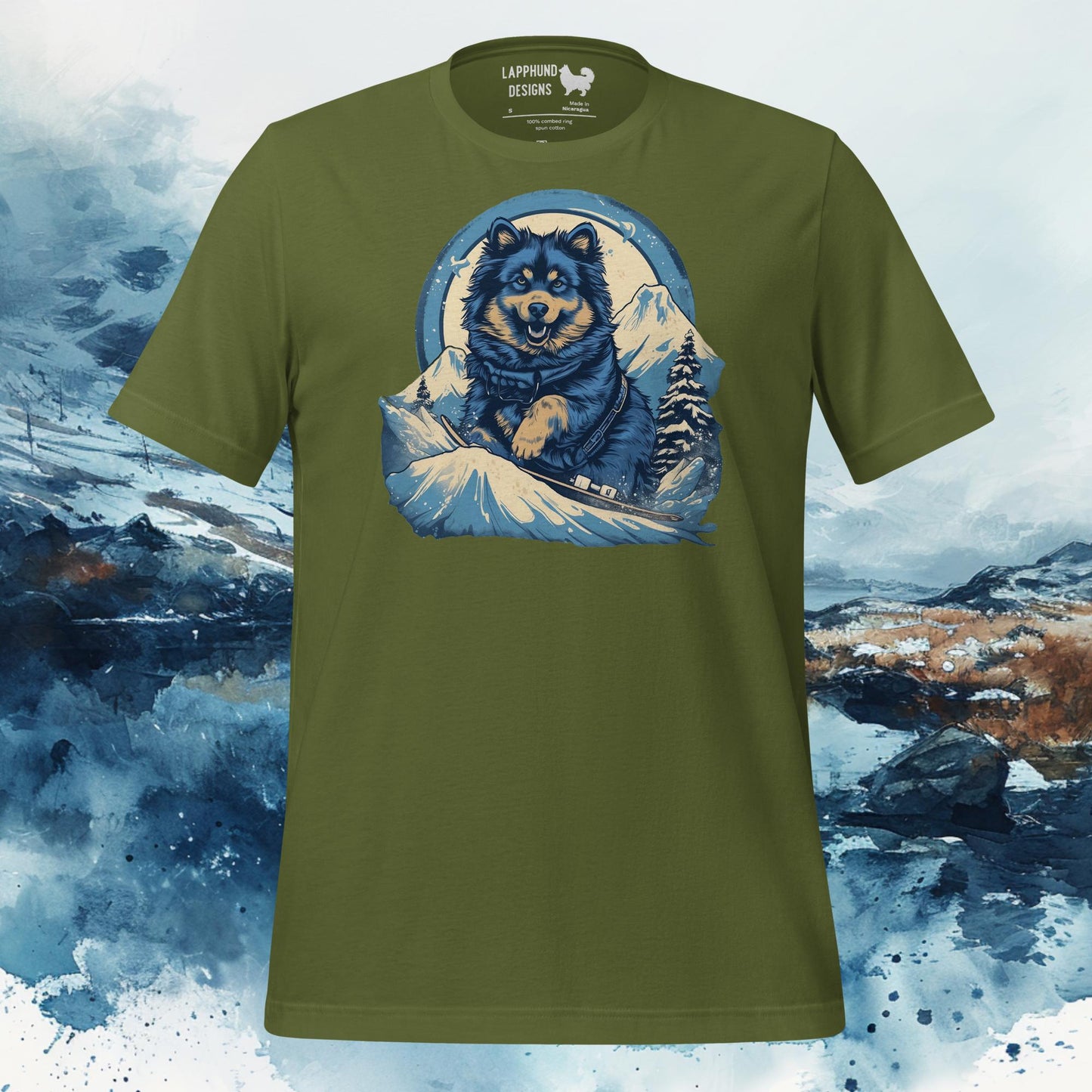 T-shirt featuring a Finnish Lapphund snowboarding down a mountain slope, ideal for nature-loving and adventure-seeking dog owners.