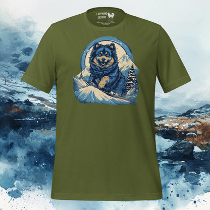 T-shirt featuring a Finnish Lapphund snowboarding down a mountain slope, ideal for nature-loving and adventure-seeking dog owners.