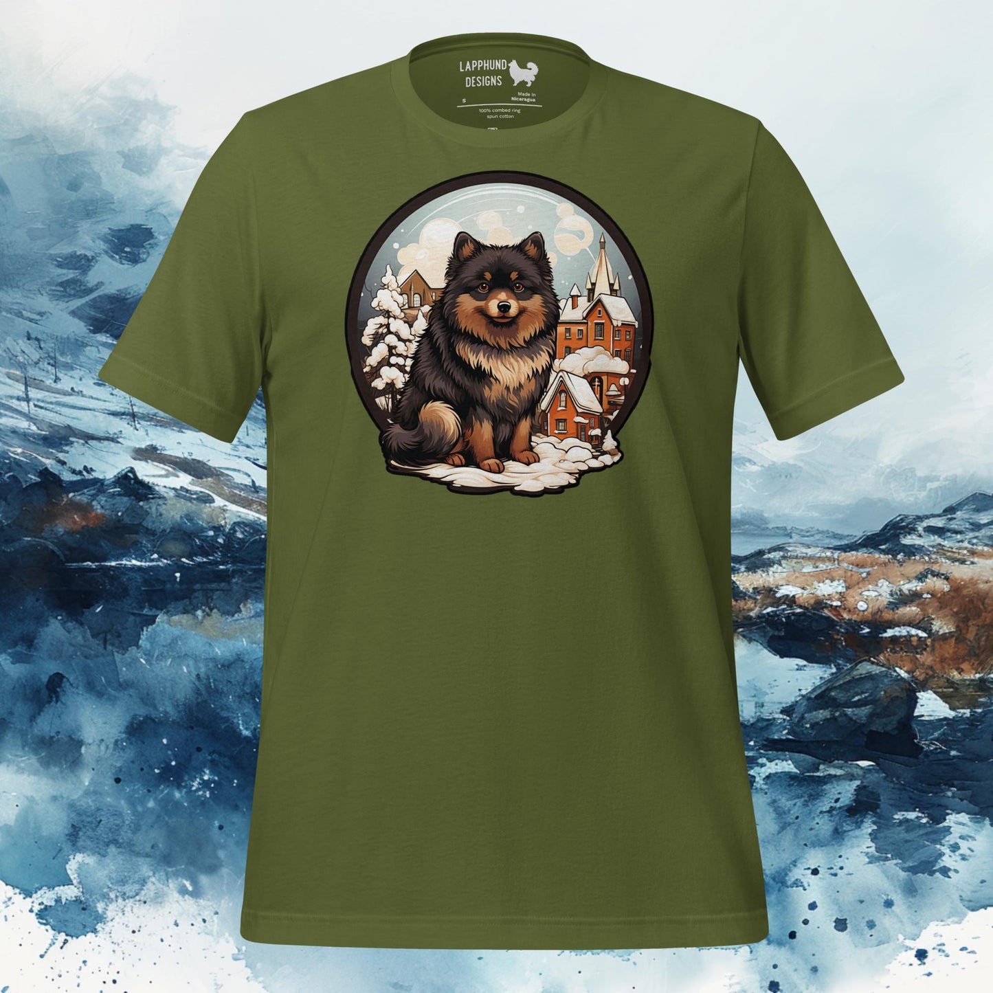 Finnish Lapphund T-Shirt – Winter Village Lappie Illustration