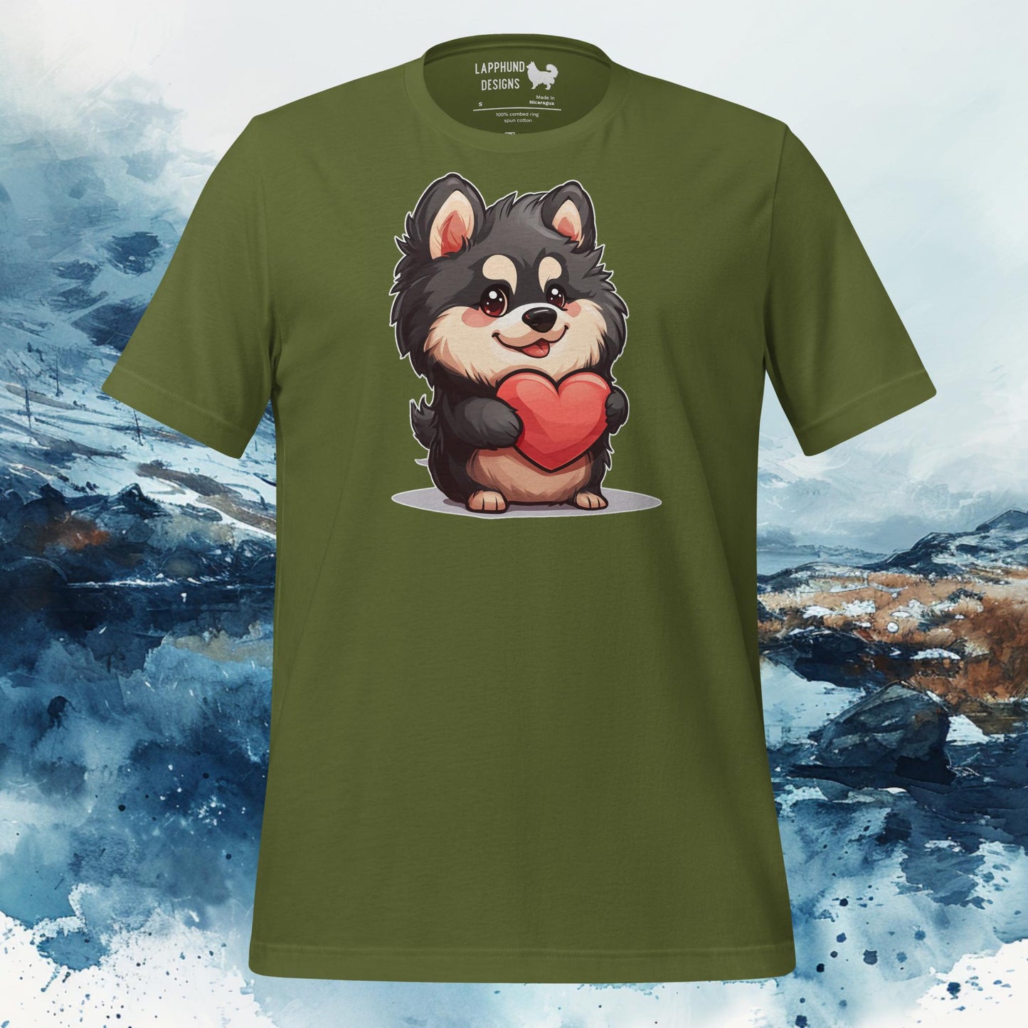 Olive green t-shirt featuring an illustration of a Finnish Lapphund holding a heart, ideal for Lapphund enthusiasts and dog lovers.