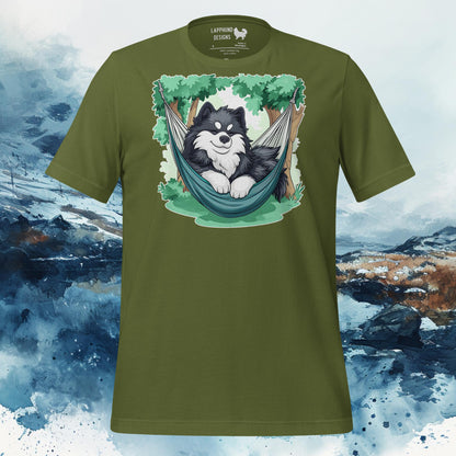 Finnish Lapphund T-Shirt – Relaxed Lappie in Hammock Illustration