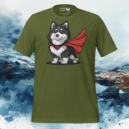 Finnish Lapphund T-Shirt – Superhero Lappie with Red Cape Art