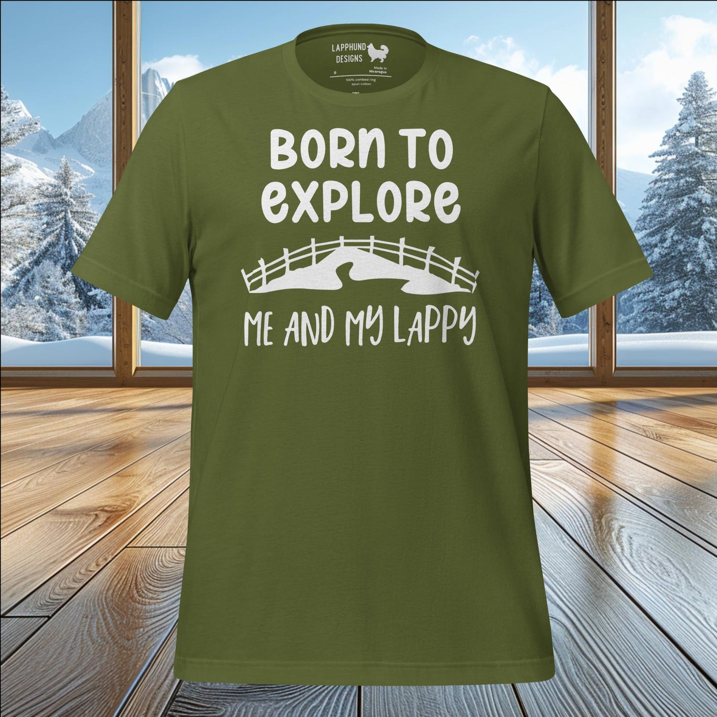 Born to Explore t-shirt featuring bridge and mountain design, perfect for Lapphund lovers and outdoor adventurers.