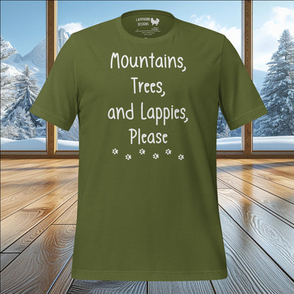 Mountains, Trees, and Lappies Please T-Shirt – Perfect for Lapphund Lovers & Nature Enthusiasts