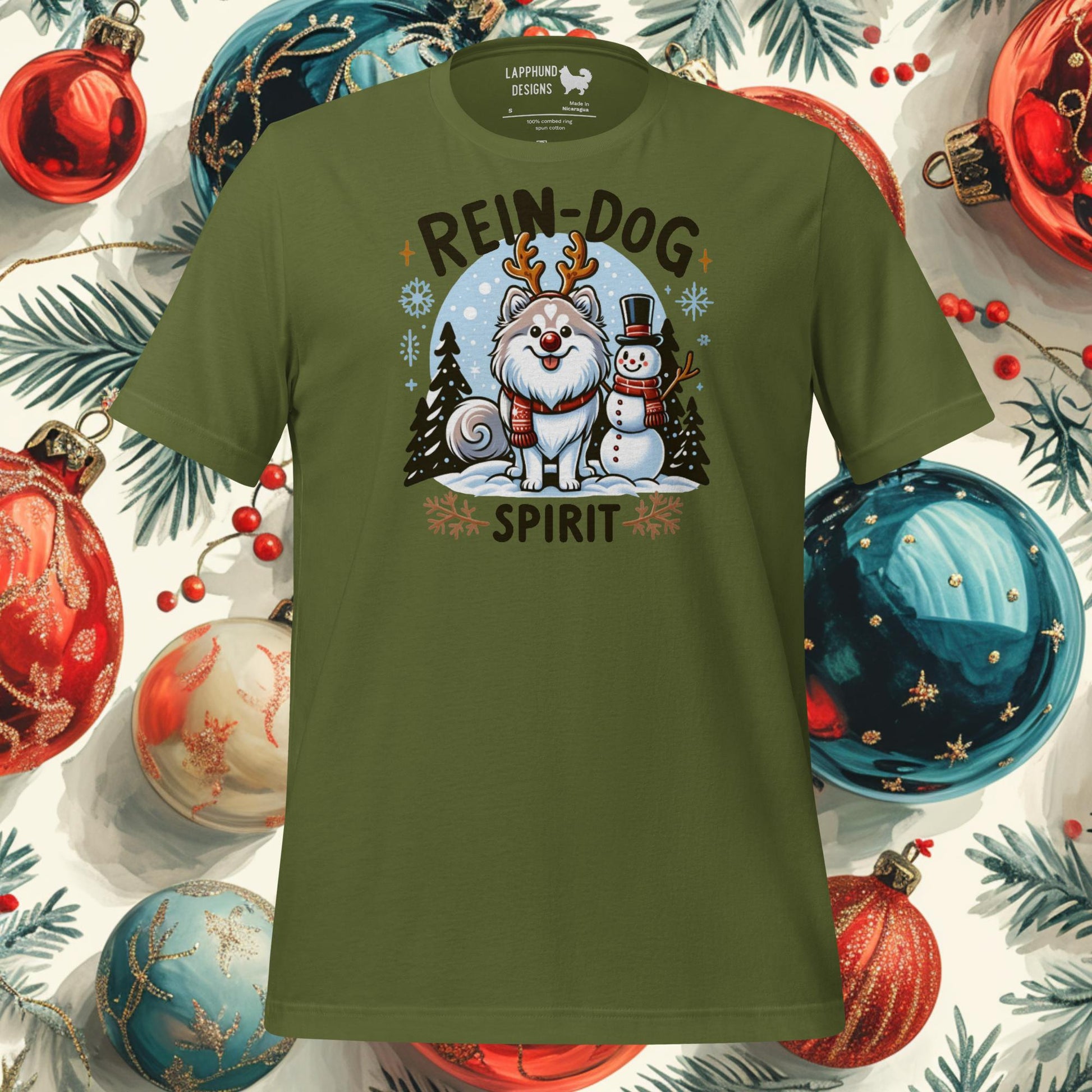 Rein-Dog Spirit Finnish Lapphund Christmas t-shirt featuring a Lapphund with antlers and a snowman, perfect for holiday celebrations.