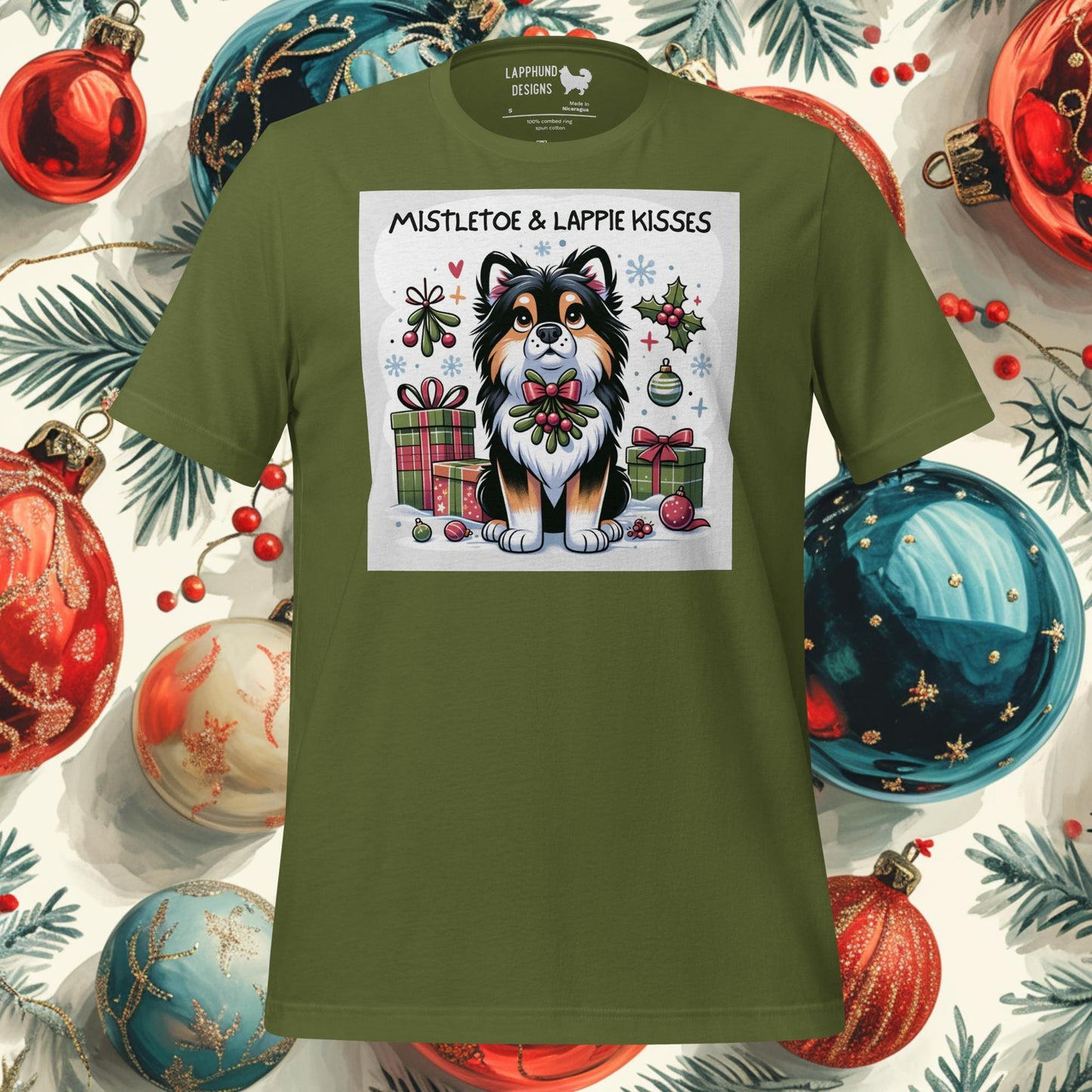 Mistletoe & Lappie Kisses Finnish Lapphund Christmas t-shirt featuring a festive Lapphund with holiday décor, perfect for seasonal celebrations