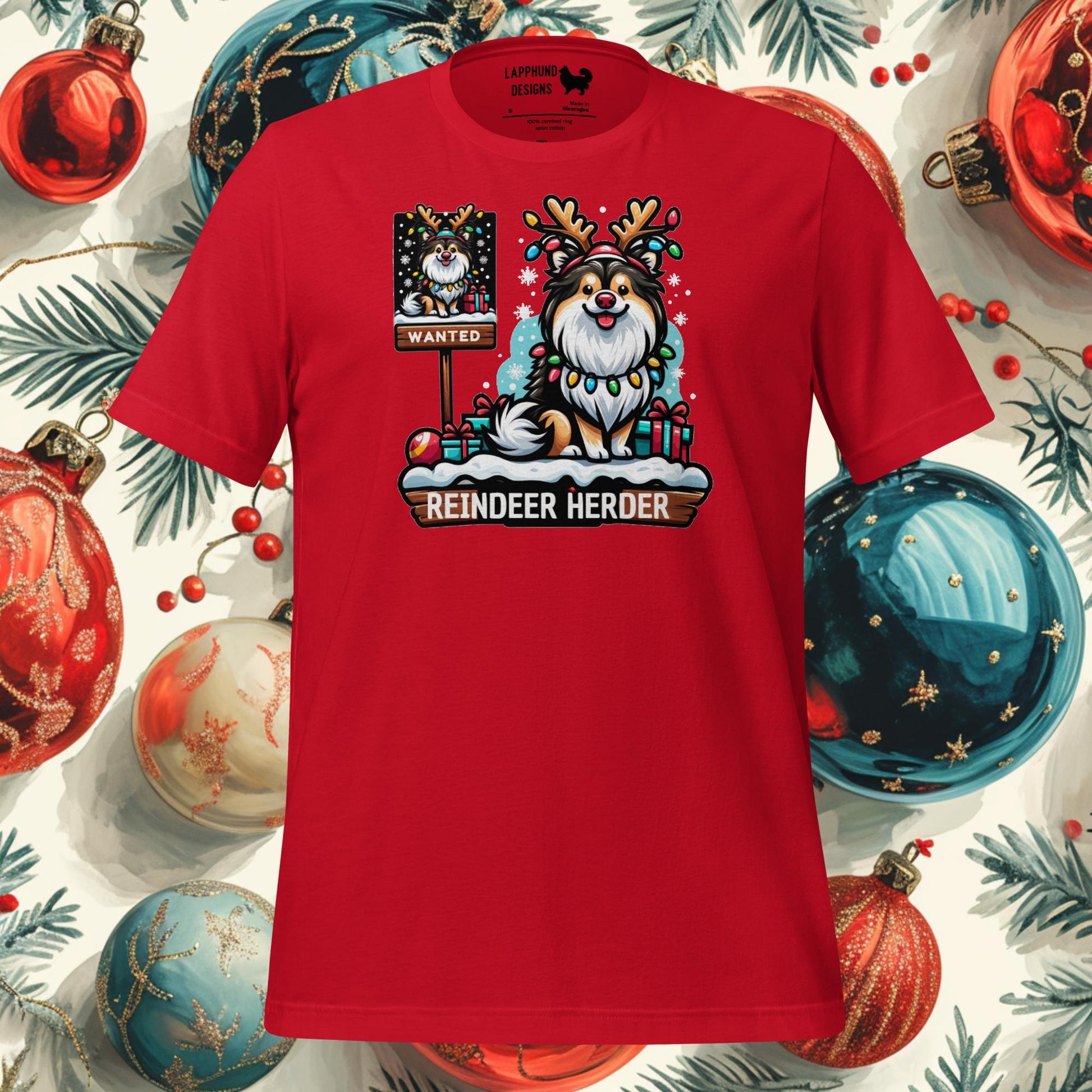 Reindeer Herder Finnish Lapphund Christmas t-shirt featuring a playful Lapphund dressed as a reindeer, perfect for holiday festivities.