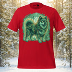 Ethereal Finnish Lapphund silhouette entwined with glowing green vine patterns and Nordic knotwork on a premium unisex t-shirt.