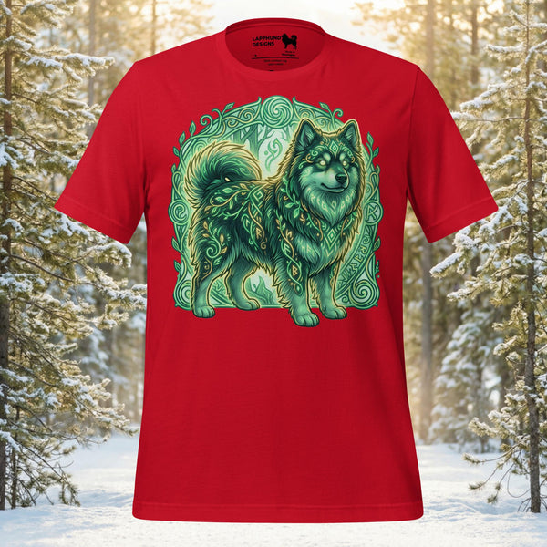 Ethereal Finnish Lapphund silhouette entwined with glowing green vine patterns and Nordic knotwork on a premium unisex t-shirt.