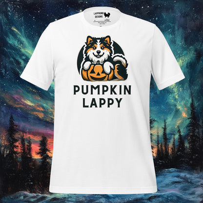 White Halloween t-shirt featuring a Finnish Lapphund with a carved pumpkin, perfect for dog lovers and Halloween enthusiasts.