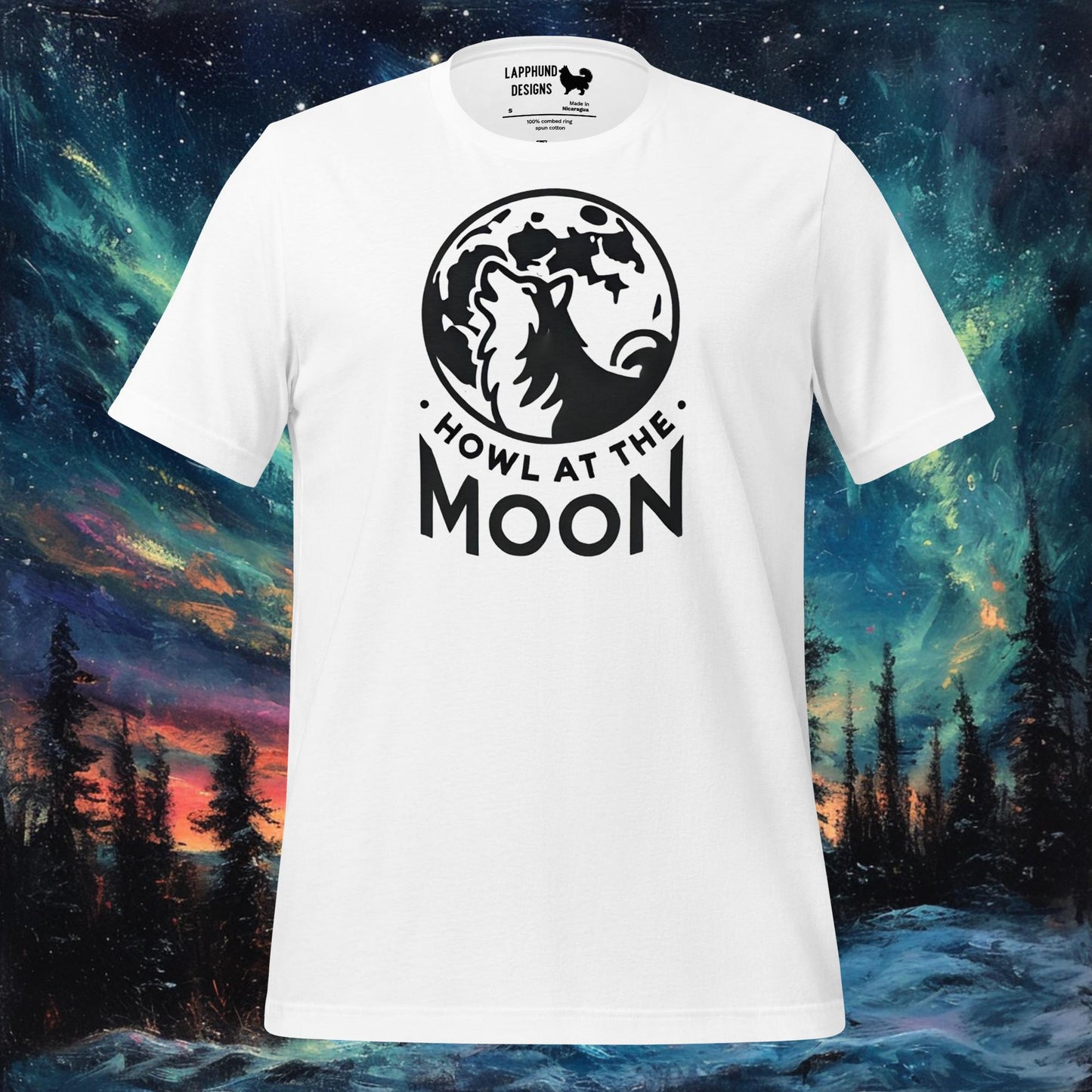 White t-shirt featuring a Finnish Lapphund howling at the full moon with bats, perfect for Halloween and dog lovers