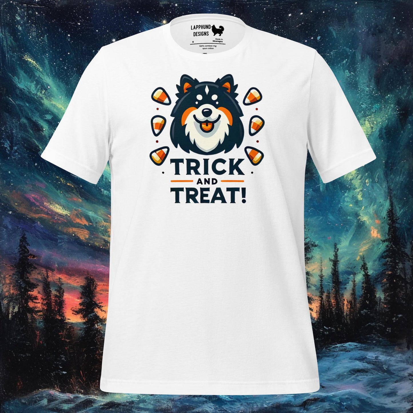 Trick and Treat T-paita – Suomen lapinkoira Halloween Candy Design