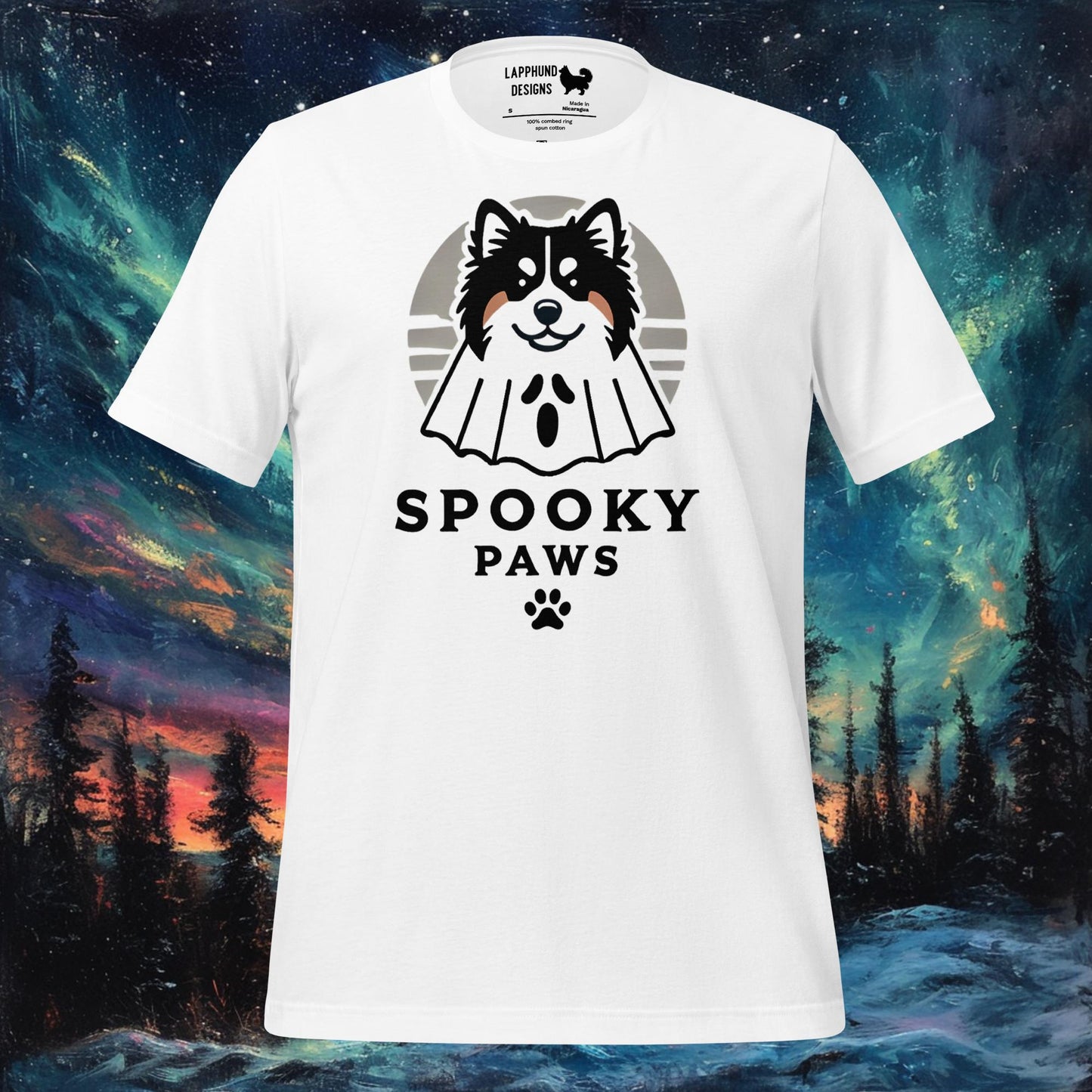 Spooky Paws T-paita – Finnish Lapphund Ghost Halloween Design