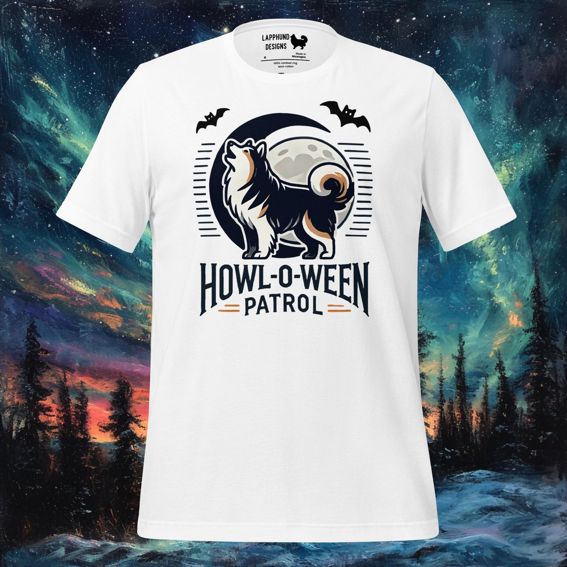 White t-shirt featuring a Finnish Lapphund howling at the moon with bats and 'Howl-O-Ween Patrol' text, perfect for Halloween and dog lovers.