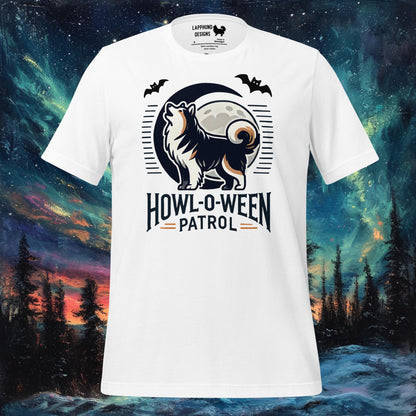 White t-shirt featuring a Finnish Lapphund howling at the moon with bats and 'Howl-O-Ween Patrol' text, perfect for Halloween and dog lovers.