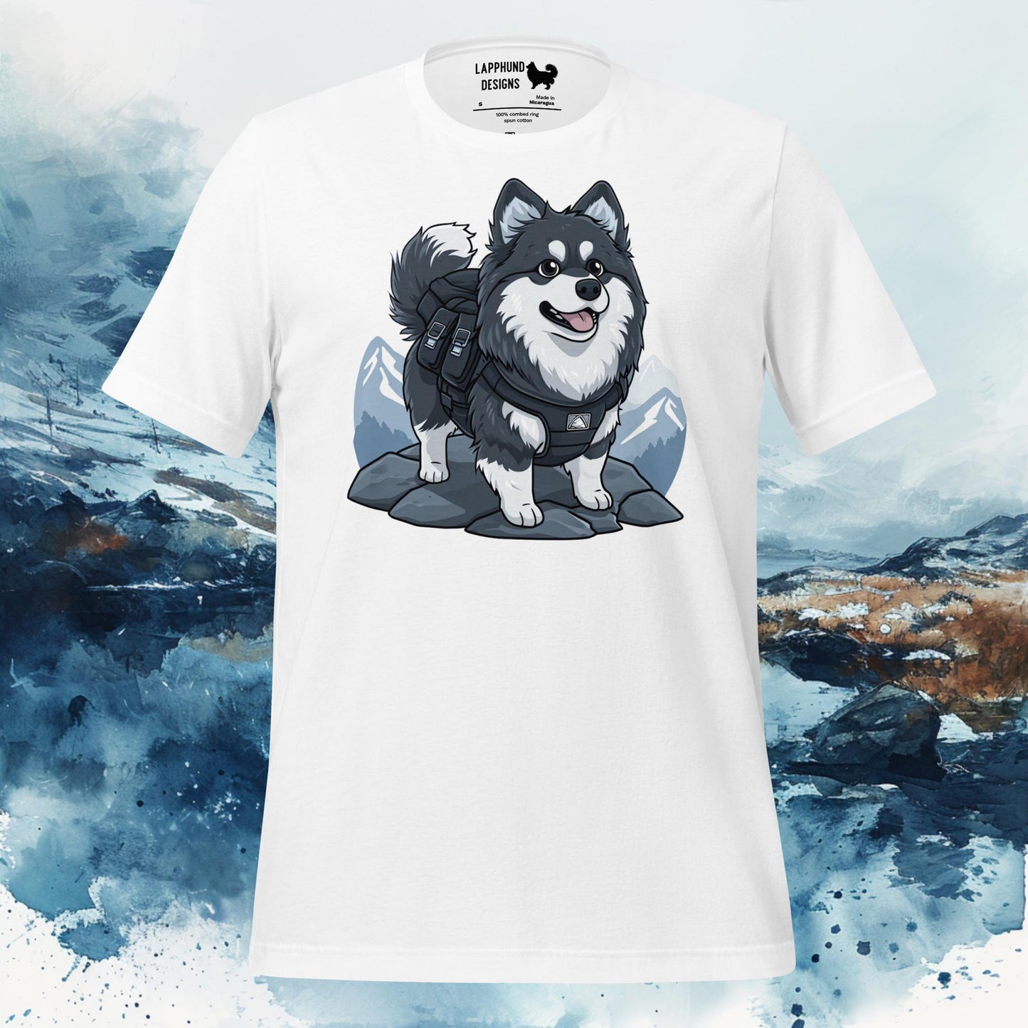 Outdoor Adventurer Lapphund T-Shirt – Finnish Lapphund Mountain Hike Design