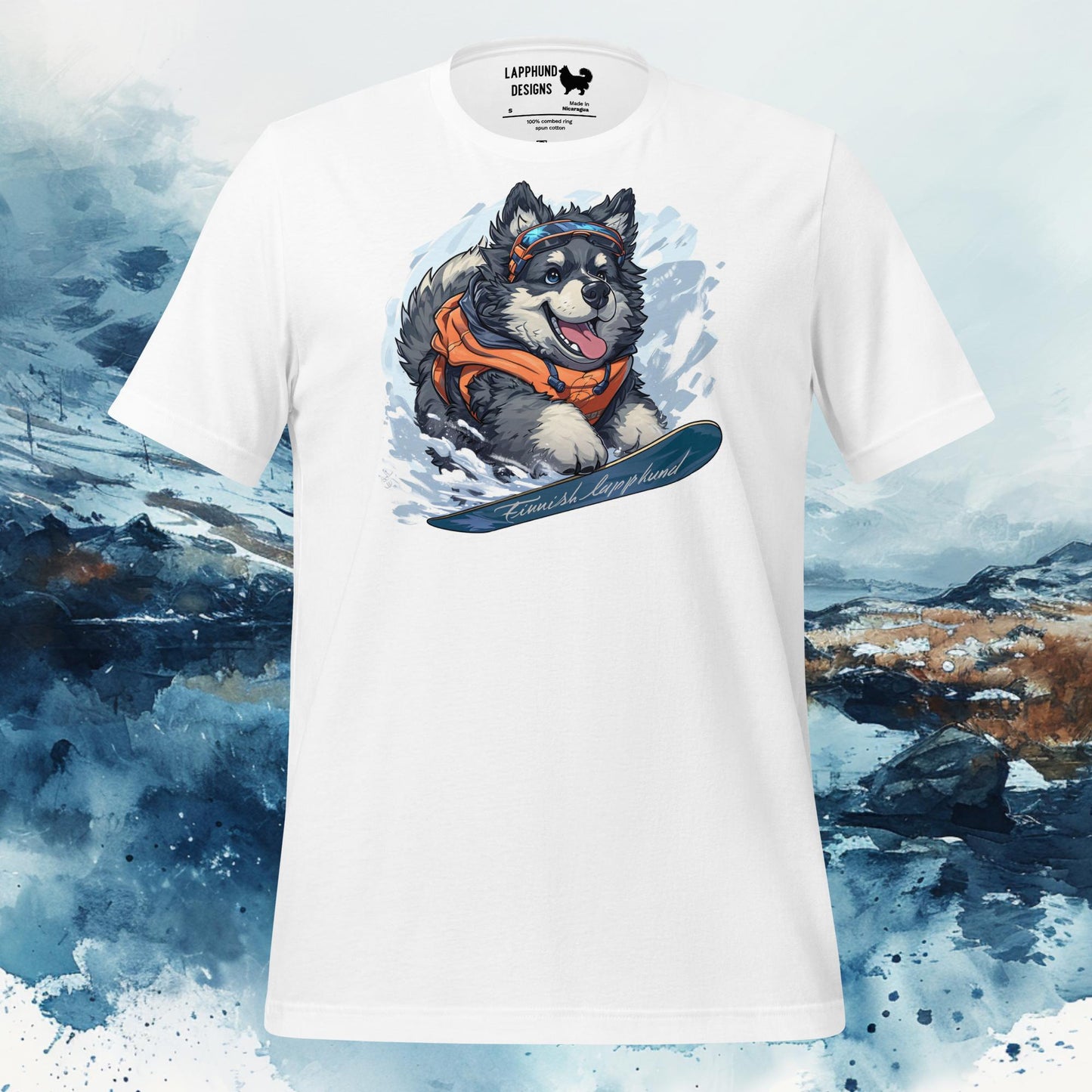 Snowy Explorer Lapphund T-Shirt – Finnish Lapphund Snowboarding Adventure Design